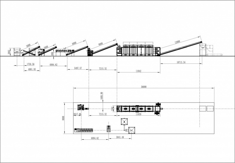 Пример схемы общего вида линии, организованной в помещении размером 36 х 8 м. Состав оборудования и планировка размещения станков выбираются индивидуально исходя из характеристик помещения и потребностей каждого конкретного клиента.